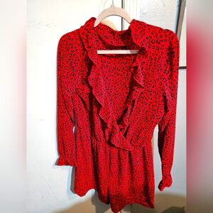 Red Animal Print shorts romper.  V neck.